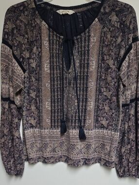 Women's Boho Tie-Front Peasant Blouse - Navy and Taupe